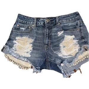 American Eagle Outfitters Distressed Denim Shorts - Blue and Cream